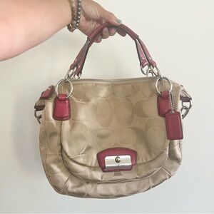 COACH 19333 Kristen Signature Satin Round Satchel Shoulder Bag Scarlet Tan Med